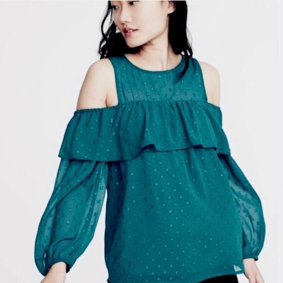 Old Navy Fairycore Glam Glitter Dot Cold Shoulder Blouse Deep Turquoise Blue- M - Picture 2 of 8